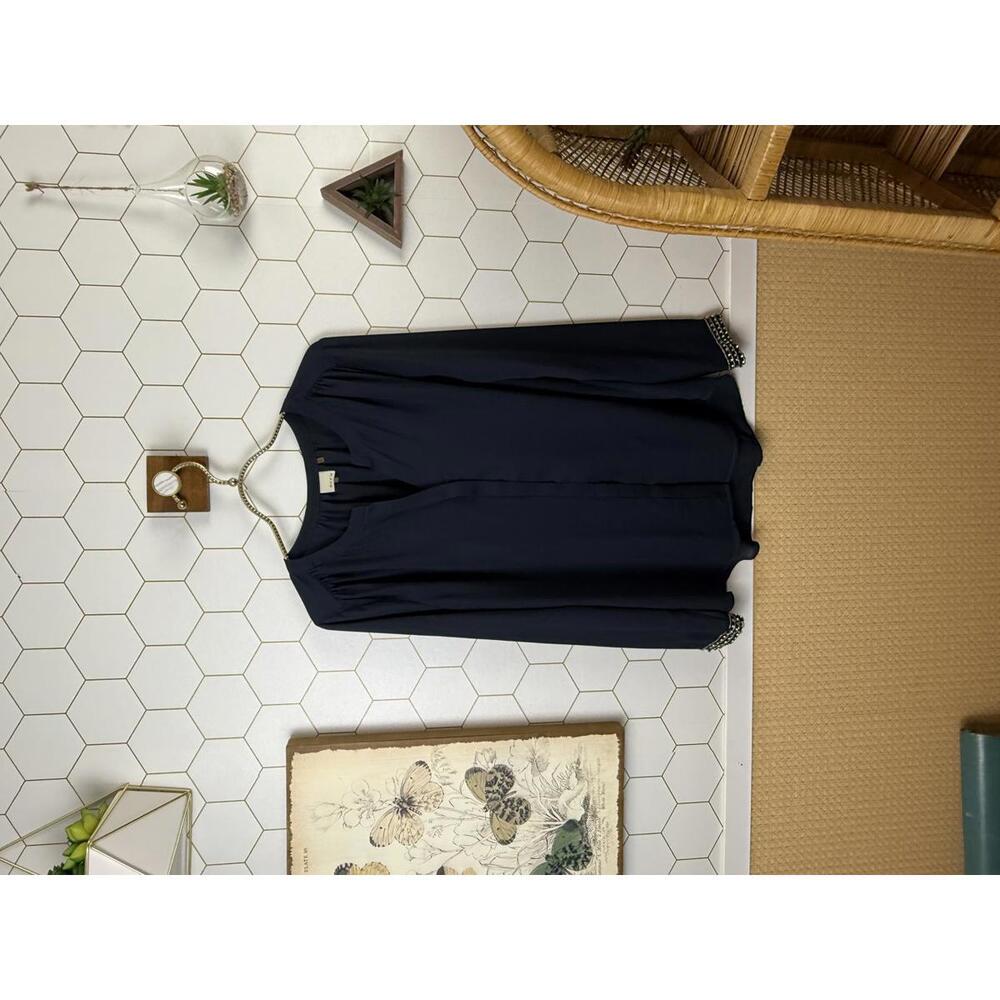 Ecru Navy Button-up Jewel Sleeve Embellished Long Sleeve Blouse - Size - Small